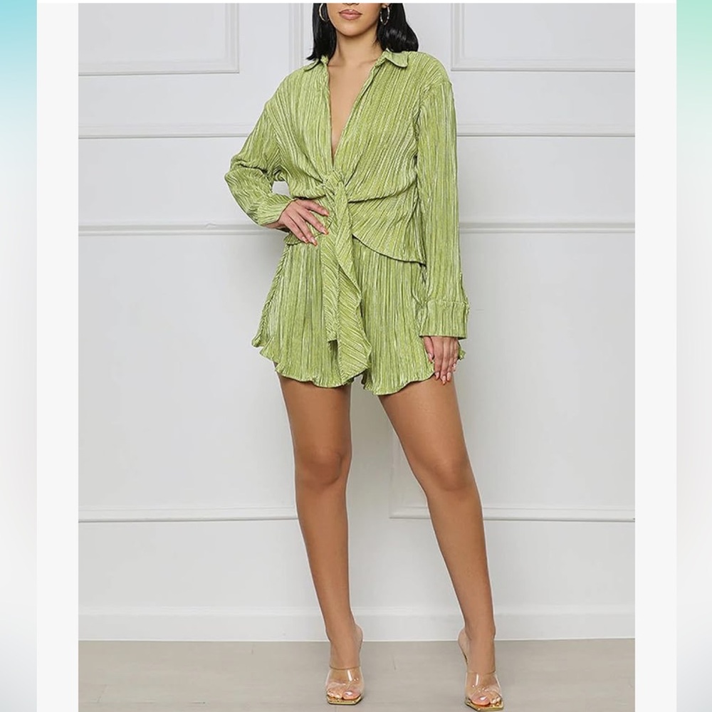 Fore Olive Green Plisse Crinkle Pleat Lounge Set New